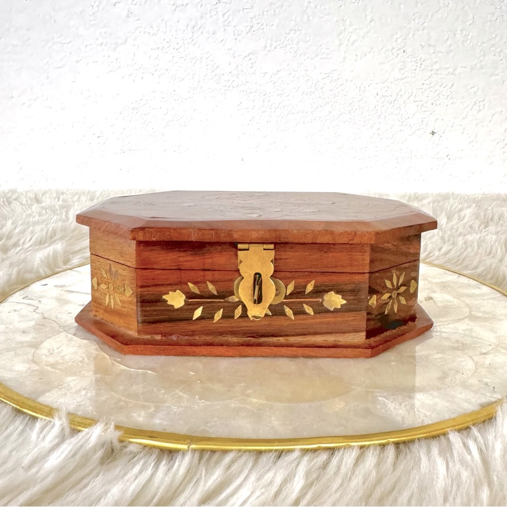 Vintage Wood Trinket Box with Brass Inlay